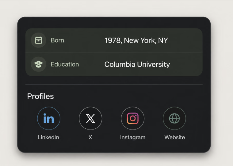Beispiel für verknüpfte offizielle Profile: LinkedIn, X, Instagram und Website