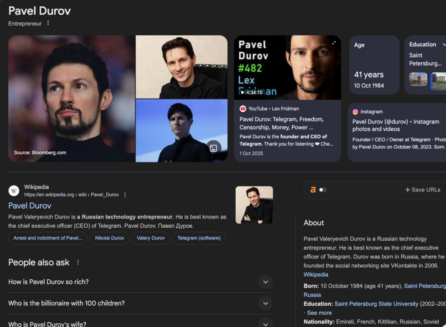 Google-Knowledge-Panel von Pavel Durov als Beispiel