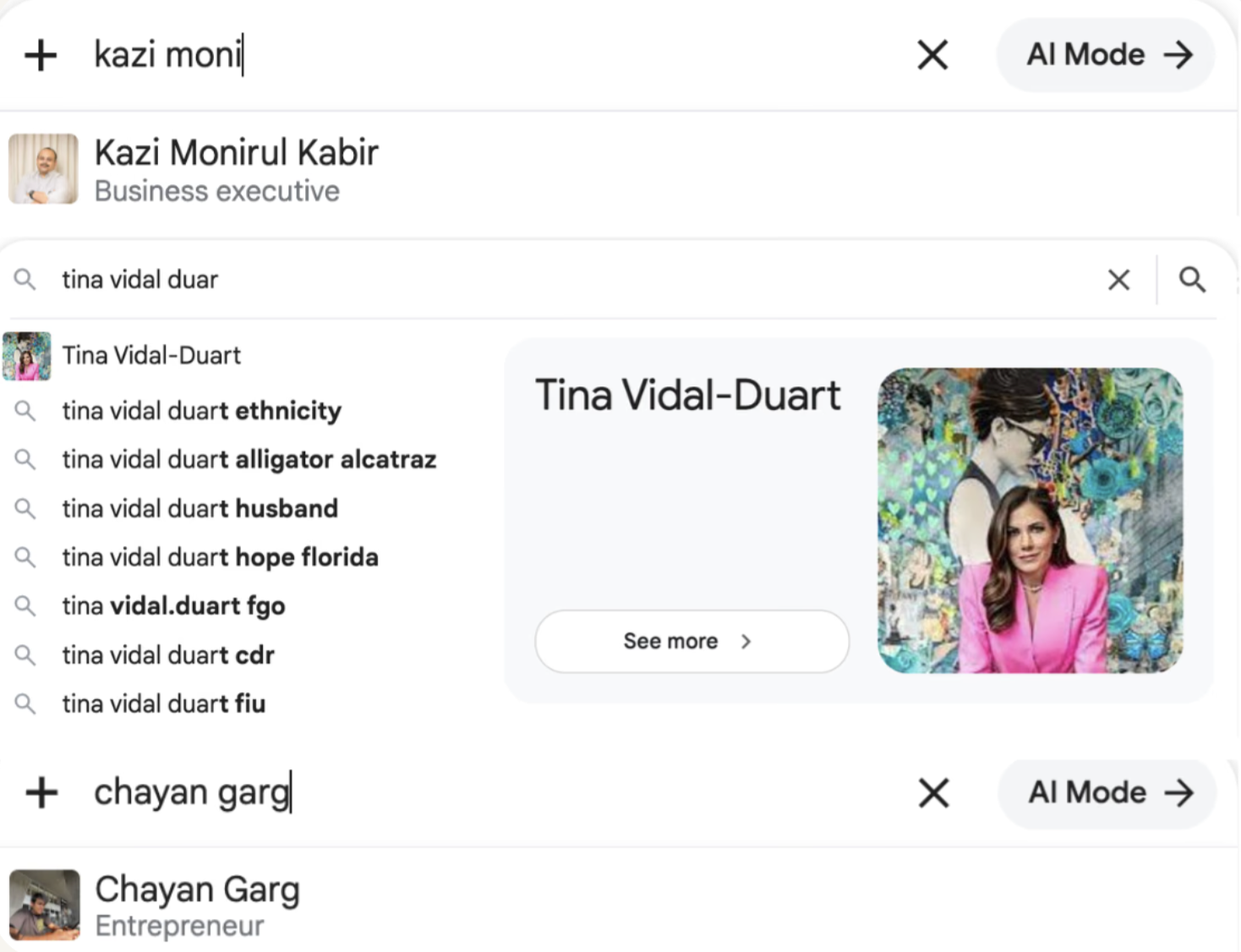 Google-Suchvorschläge zu Kazi Monirul Kabir, Tina Vidal-Duart und Chayan Garg